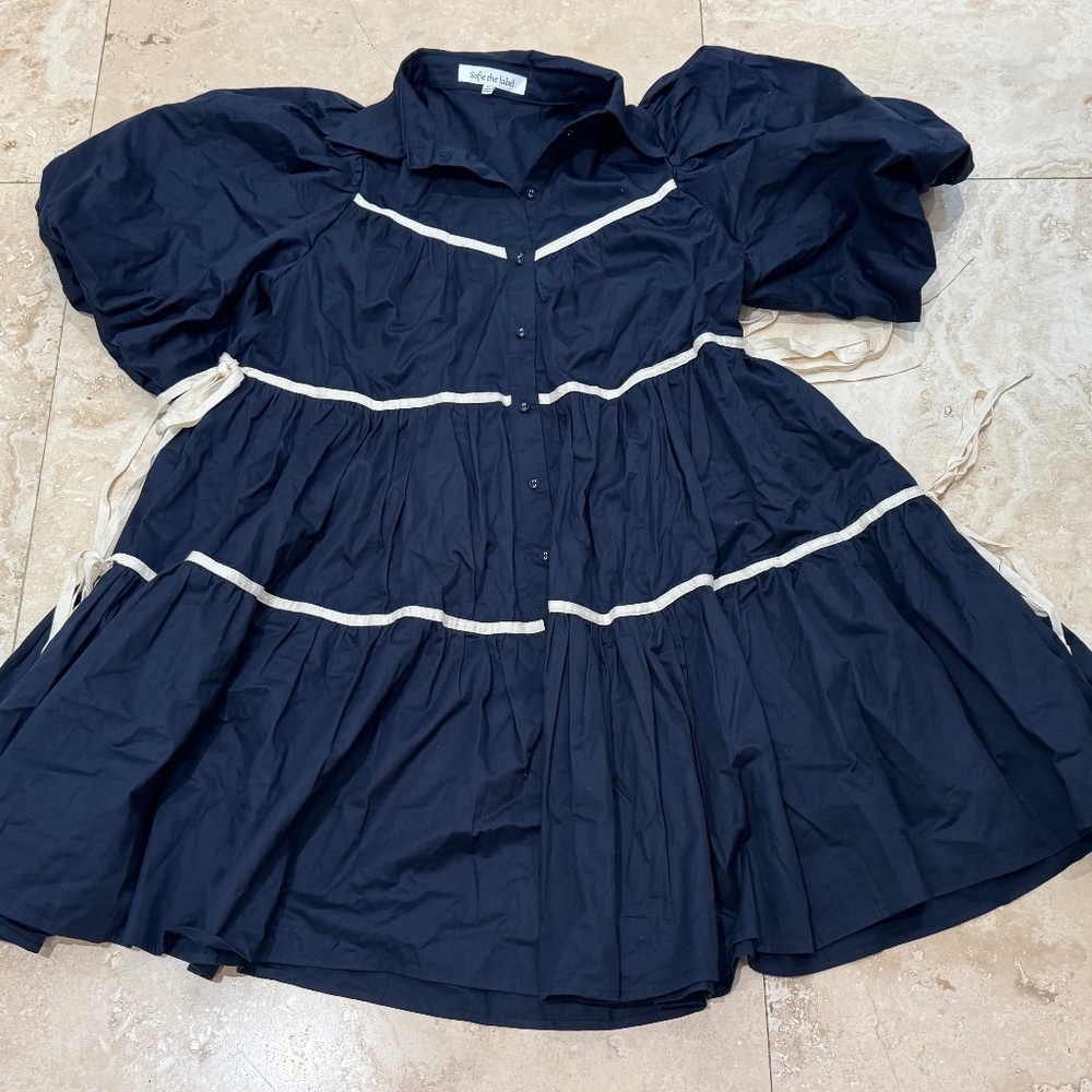 Share Sofie the Label AVARA Black Sz. Med. S/S Black Dress w/ White Trim Ties -